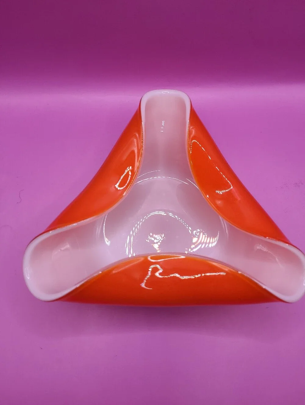 MCM Vintage Japan Wales Orange Cased Glass Tri Fold Bowl Biomorphic Mid Century